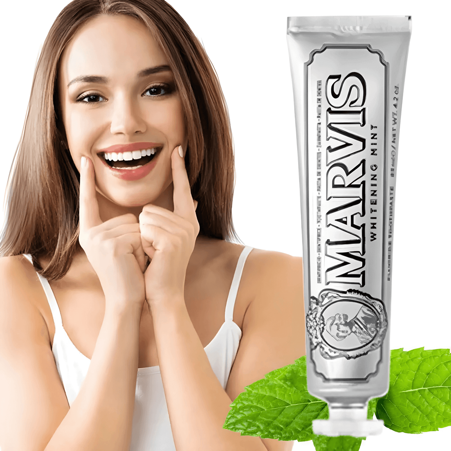 WhiteVibe – Marvis tannkrem med blekende mynte for frisk pust og reduksjon av overflateflekker, 85 ml