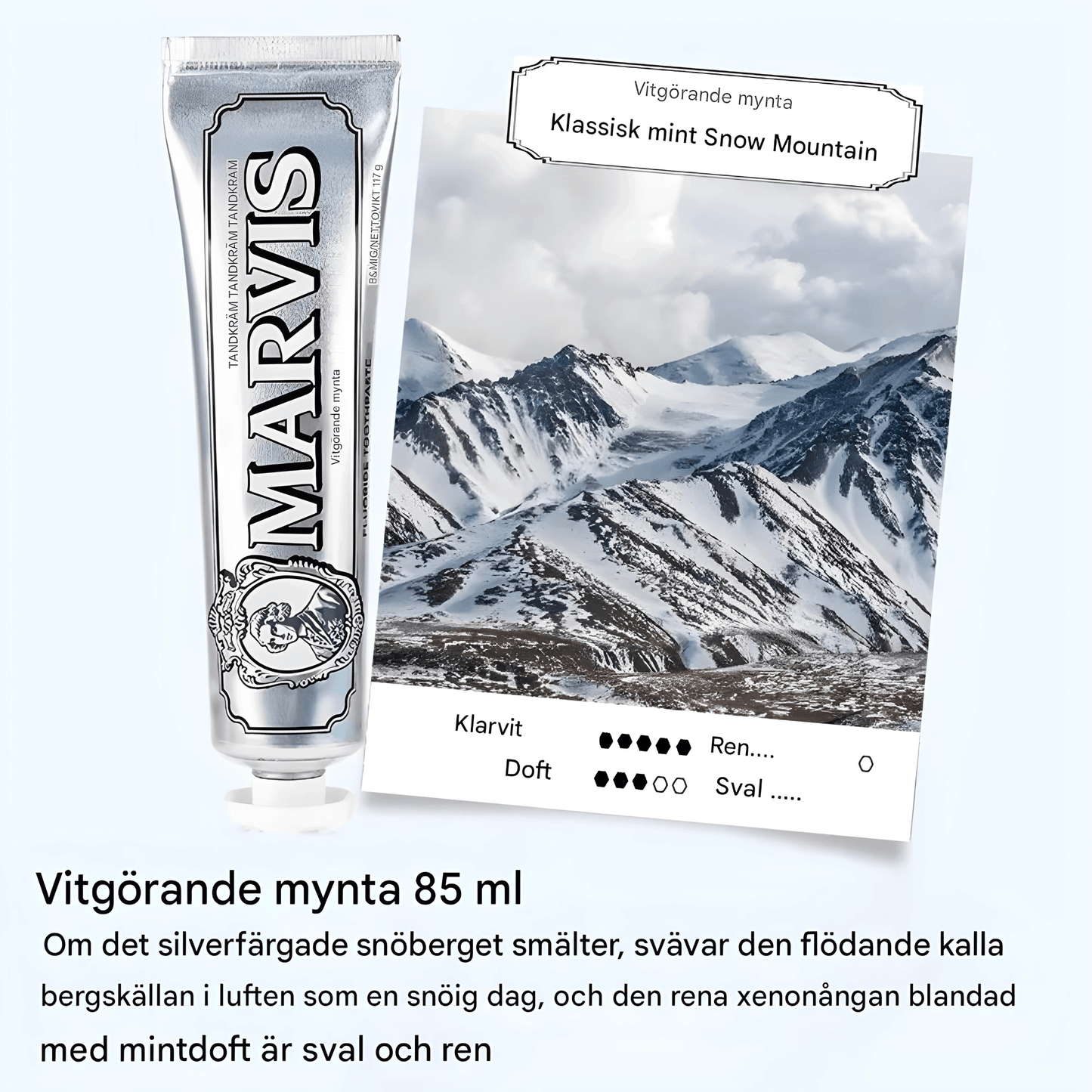 WhiteVibe – Marvis tannkrem med blekende mynte for frisk pust og reduksjon av overflateflekker, 85 ml