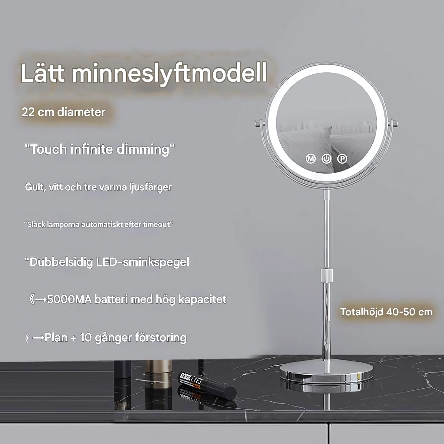 SparkView – Justerbar Dubbelvänd Sminkspegel med LED-belysning & 10x Förstoring | Uppladdningsbar och Flexibel för Perfekt Makeup