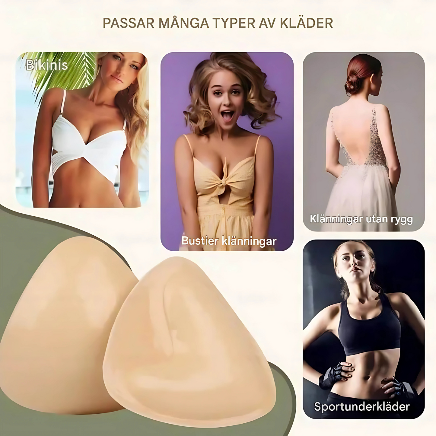 HushForm - Selvklebende push-up-innlegg med diskret løft for åpne rygger og dyp ringing