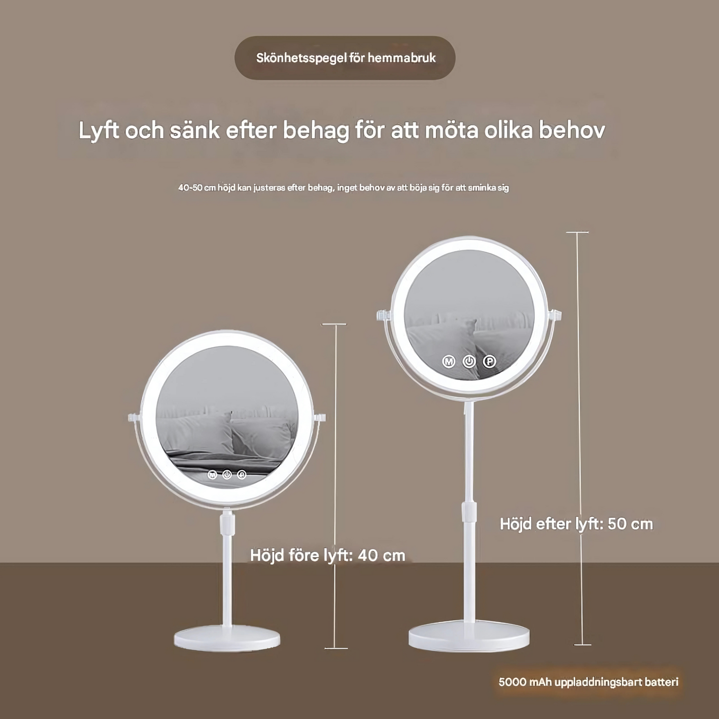 SparkView – Justerbar Dubbelvänd Sminkspegel med LED-belysning & 10x Förstoring | Uppladdningsbar och Flexibel för Perfekt Makeup