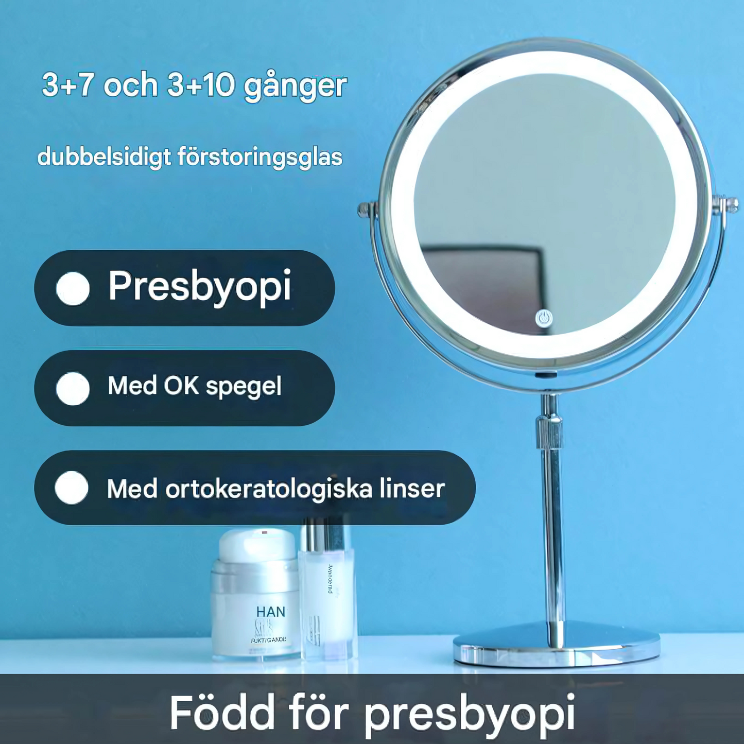 SparkView – Justerbar Dubbelvänd Sminkspegel med LED-belysning & 10x Förstoring | Uppladdningsbar och Flexibel för Perfekt Makeup