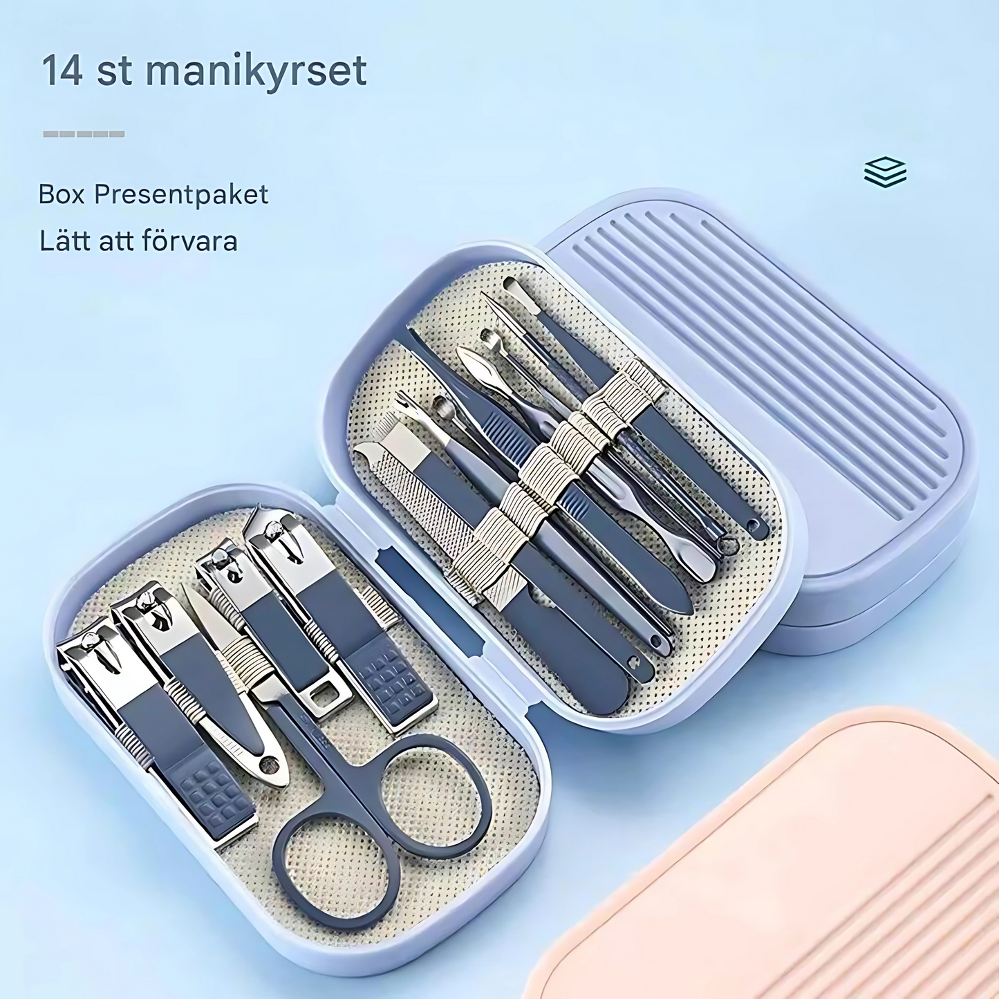 NuviqueCare - Manikyr- og pedikyrsett i rosa, blått eller grønt | 8 eller 14 deler i stilig etui for enkle pleierutiner