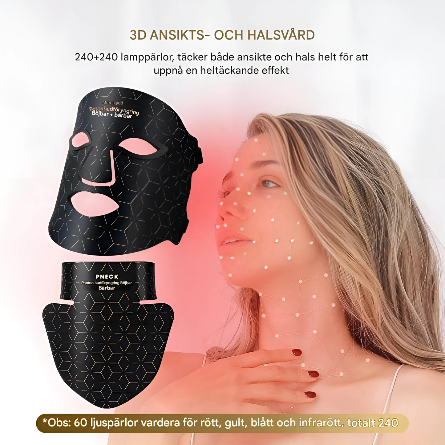 VisiLume - LED ansikts- og halsmaske i silikon med fjernkontroll | 3+1 lysbølger for hudforyngelse