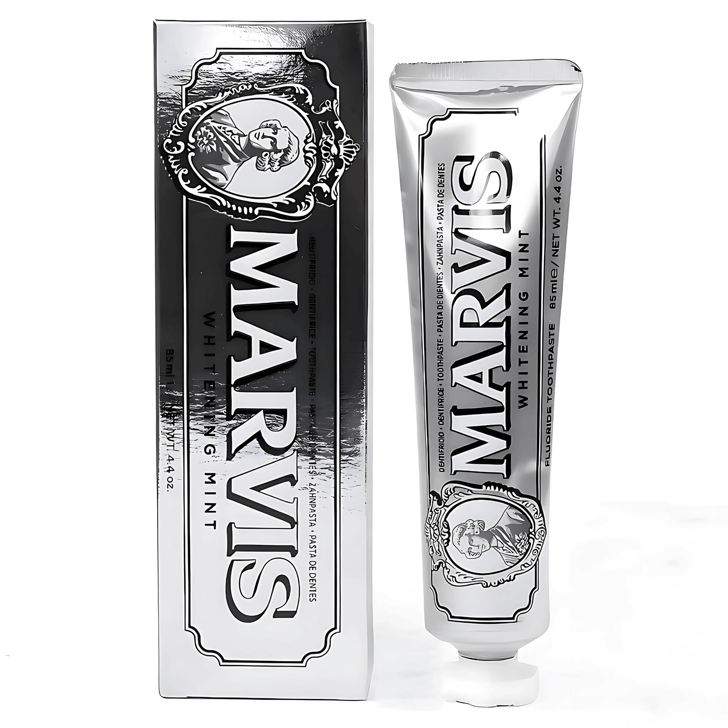 WhiteVibe – Marvis tannkrem med blekende mynte for frisk pust og reduksjon av overflateflekker, 85 ml