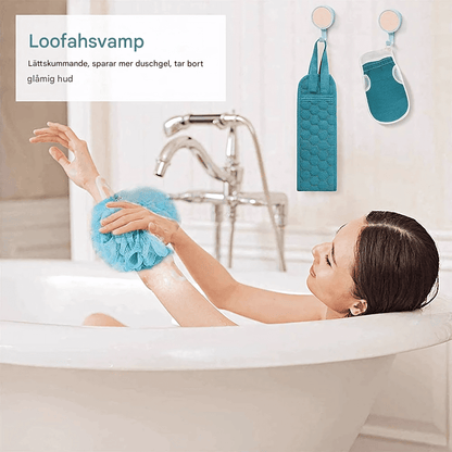 SereneScrub – Exfolierande Dubbelsidig Ryggborste, Badhandske & Loofah-Svamp för Hudvård och Massage