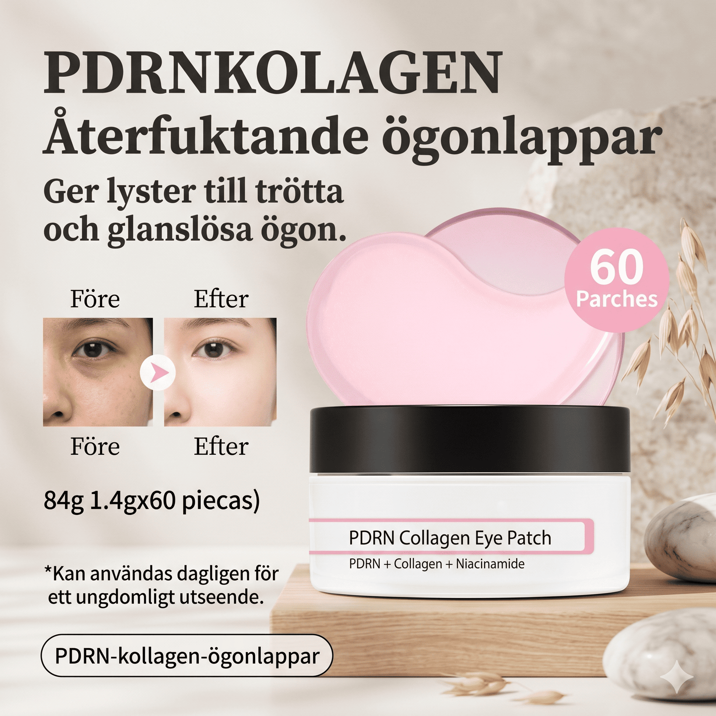 AquaVeil – 60-pakning med rosa kollagen-hydrogel-øyeplaster med niacinamid, laks-PDRN og vitamin B12 – koreansk hudpleie mot mørke ringer, hevelser og fine linjer