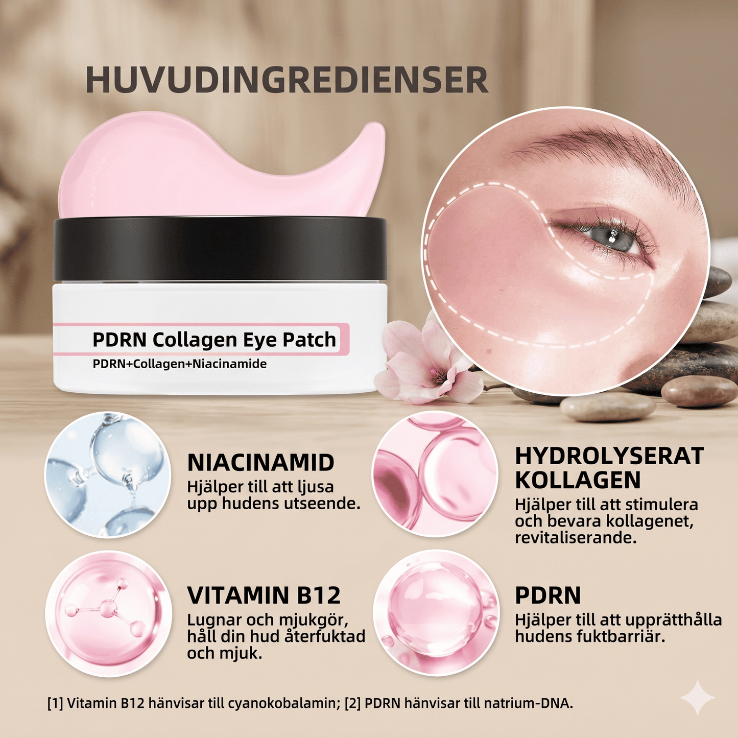AquaVeil – 60-pakning med rosa kollagen-hydrogel-øyeplaster med niacinamid, laks-PDRN og vitamin B12 – koreansk hudpleie mot mørke ringer, hevelser og fine linjer