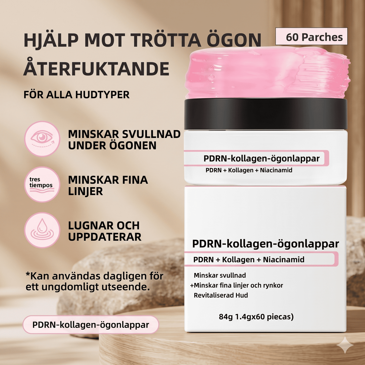 AquaVeil – 60-pakning med rosa kollagen-hydrogel-øyeplaster med niacinamid, laks-PDRN og vitamin B12 – koreansk hudpleie mot mørke ringer, hevelser og fine linjer