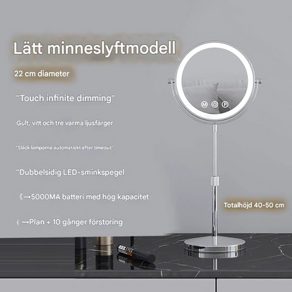 SparkView – Justerbar Dubbelvänd Sminkspegel med LED-belysning & 10x Förstoring | Uppladdningsbar och Flexibel för Perfekt Makeup