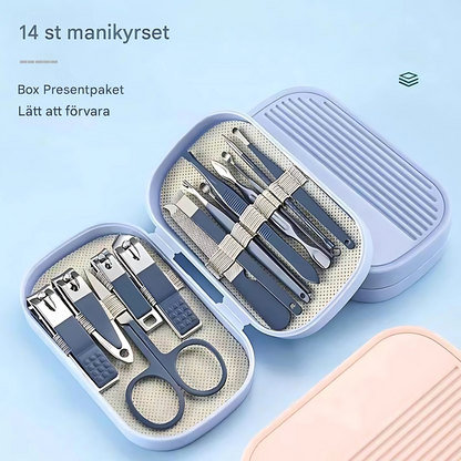NuviqueCare - Manikyr- og pedikyrsett i rosa, blått eller grønt | 8 eller 14 deler i stilig etui for enkle pleierutiner
