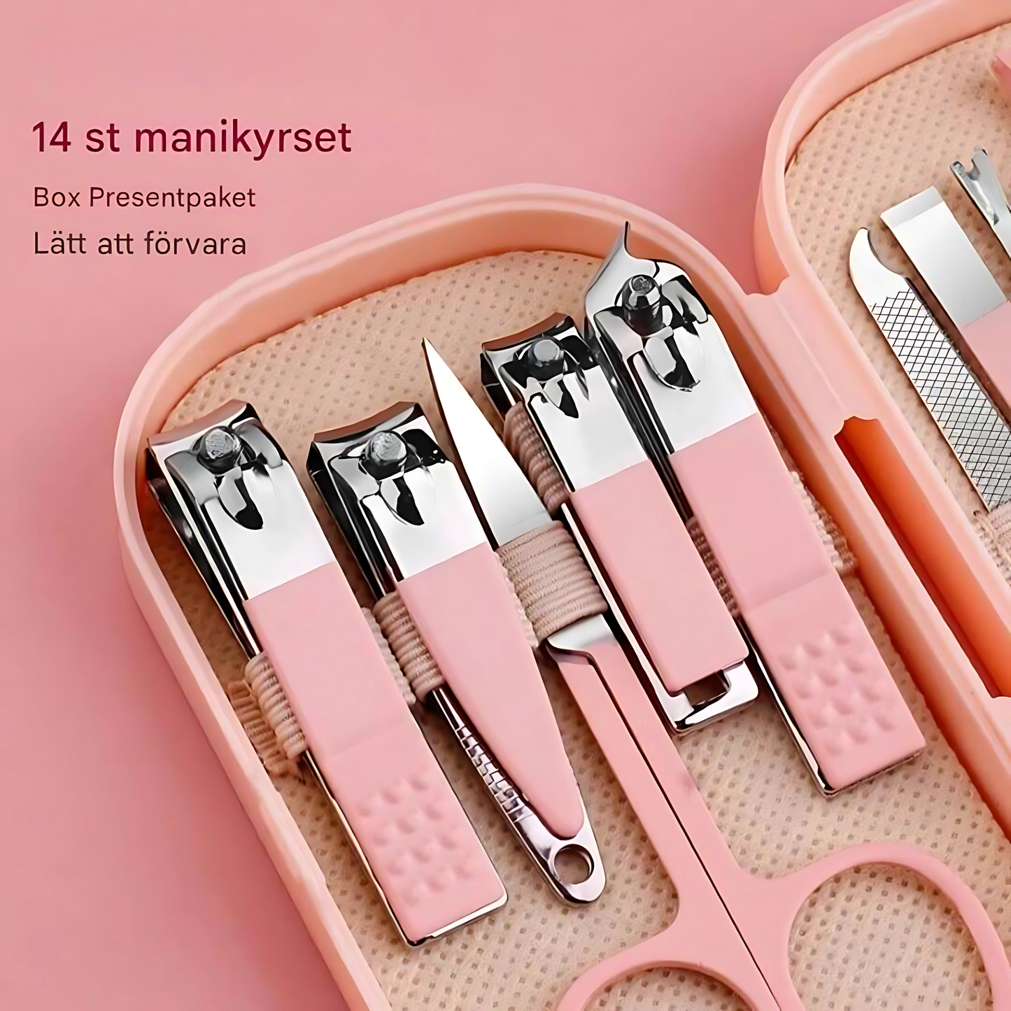 NuviqueCare - Manikyr- og pedikyrsett i rosa, blått eller grønt | 8 eller 14 deler i stilig etui for enkle pleierutiner
